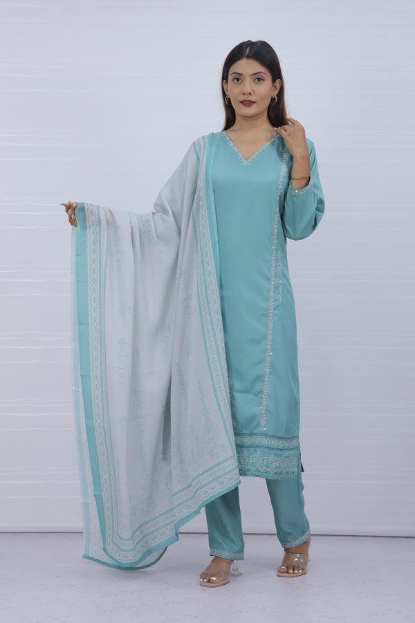 Svara Sky Blue Galaxy Silk Suit
