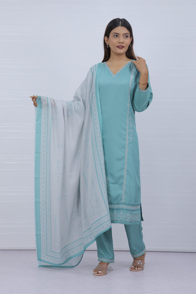 Svara Sky Blue Galaxy Silk Suit