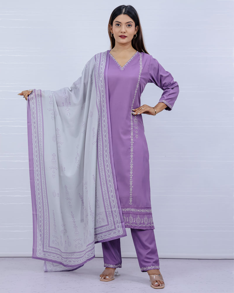 Svara Lavender Galaxy Silk Suit