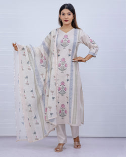 Svara Floral Cream Slub Cotton Suit