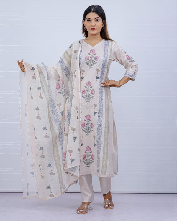Svara Floral Cream Slub Cotton Suit