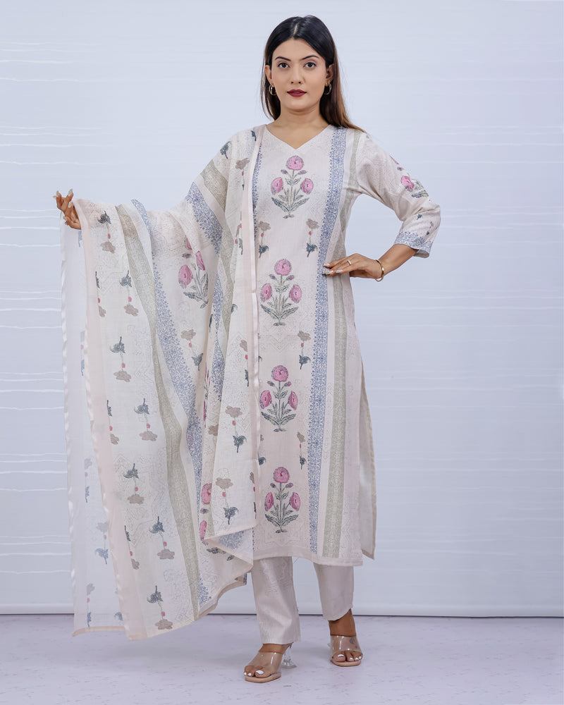 Svara Floral Cream Slub Cotton Suit