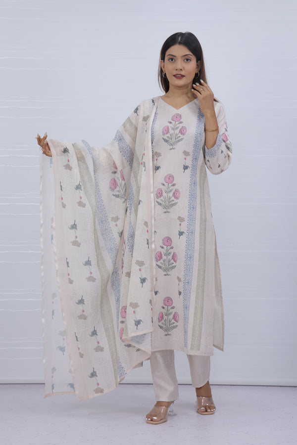 Svara Floral Cream Slub Cotton Suit