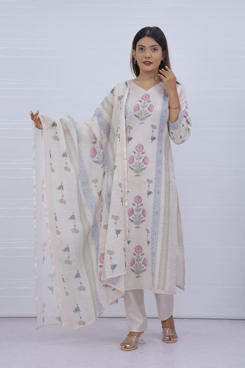Svara Floral Cream Slub Cotton Suit