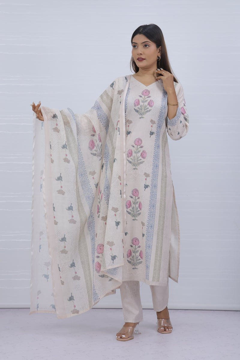Svara Floral Cream Slub Cotton Suit