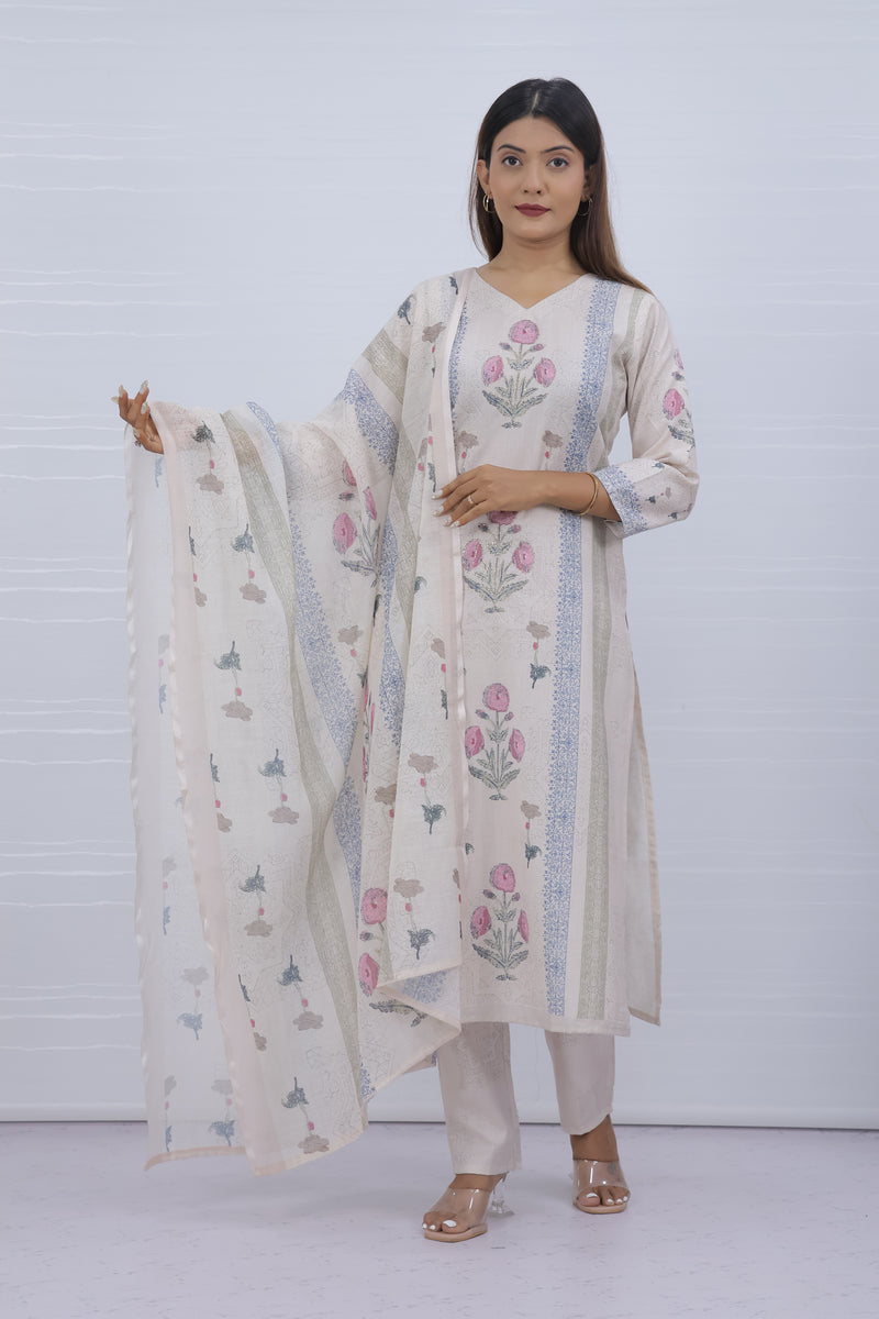 Svara Floral Cream Slub Cotton Suit