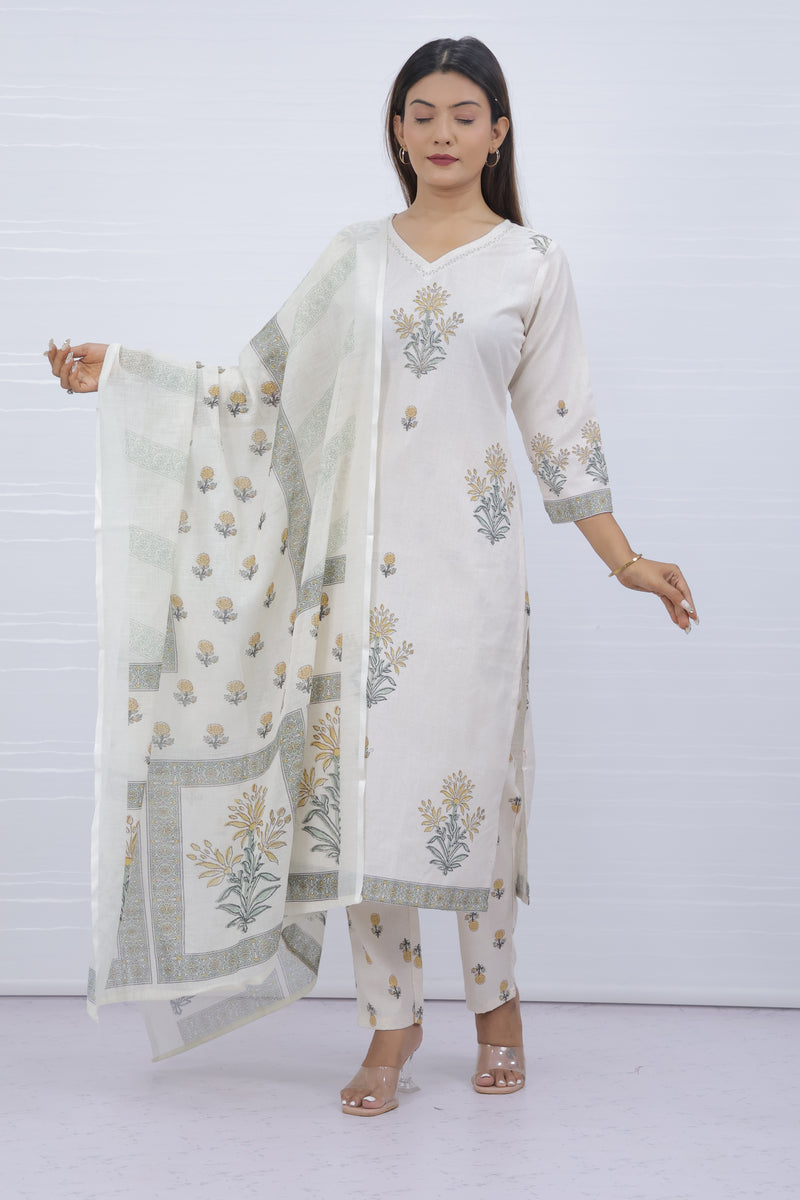 Svara Floral White Slub Cotton Suit