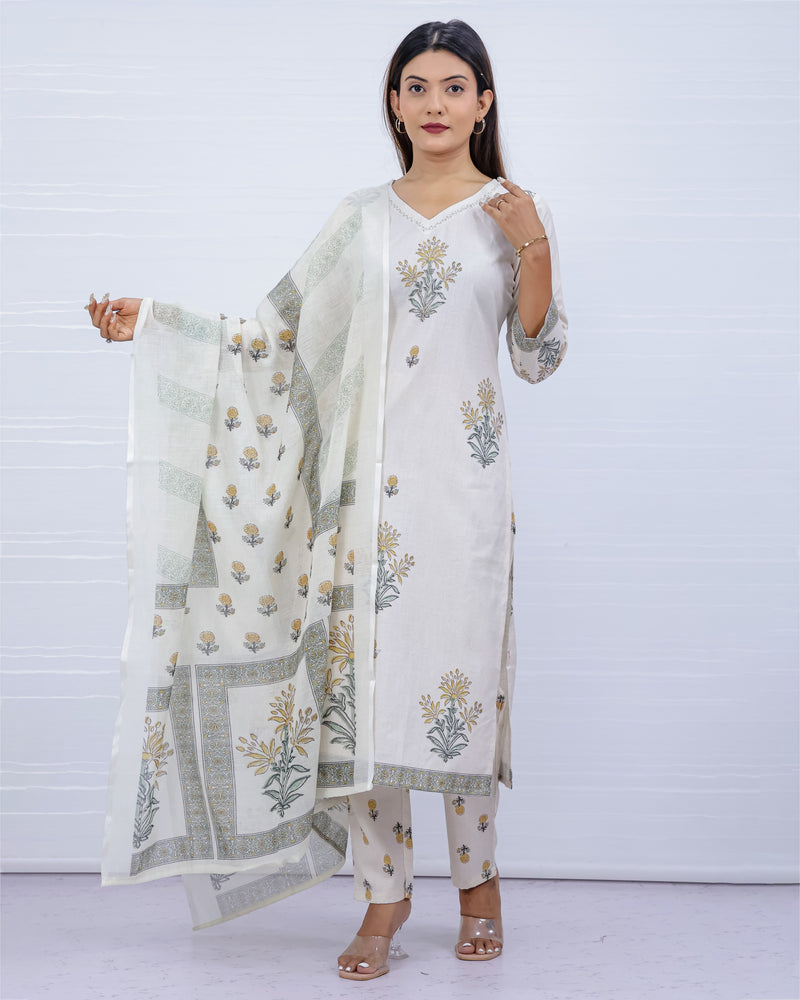 Svara Floral White Slub Cotton Suit