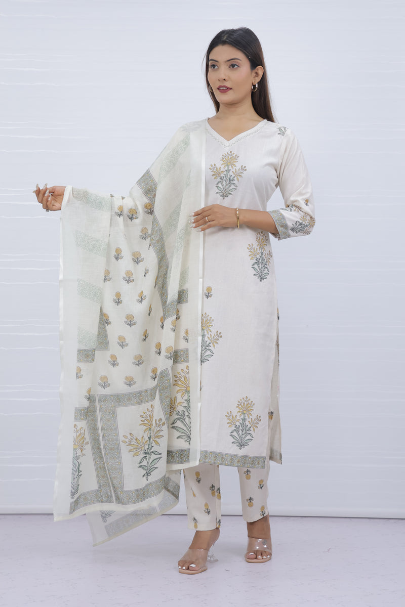Svara Floral White Slub Cotton Suit