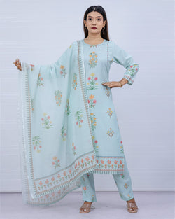 Svara Floral Sky Slub Cotton Suit