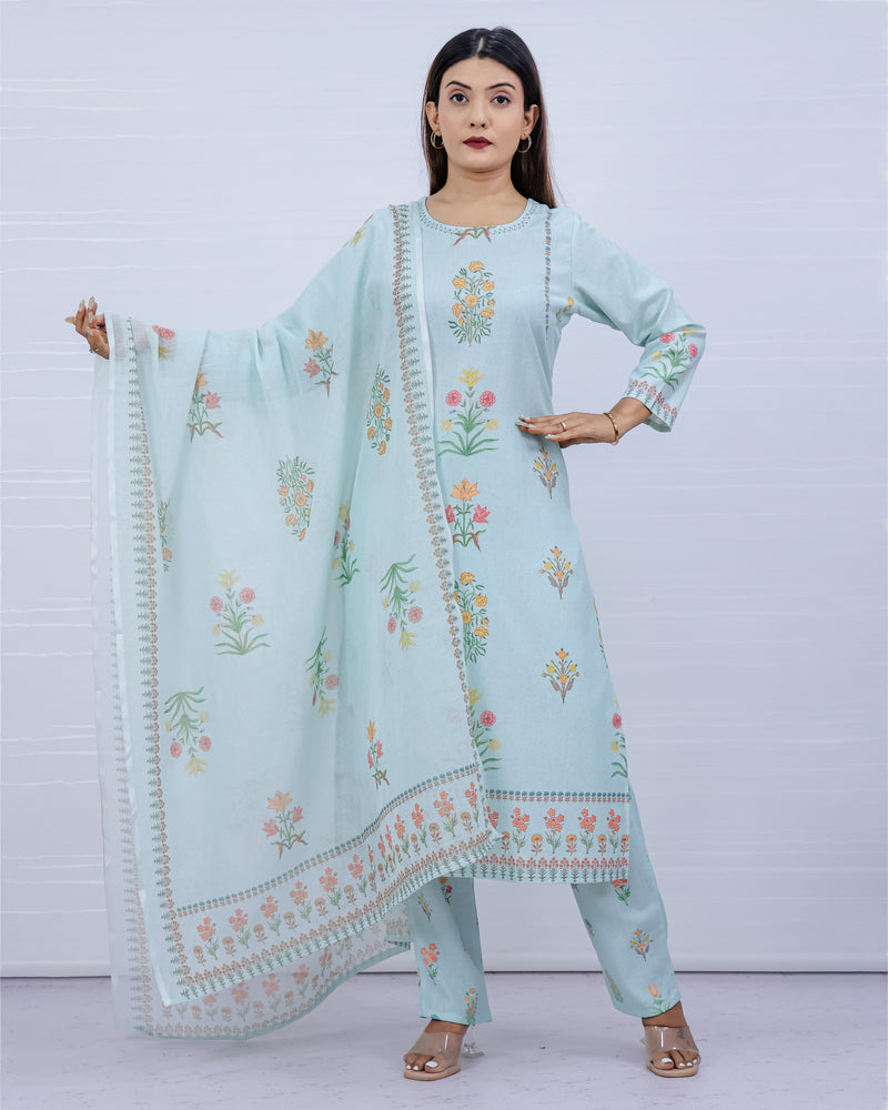 Svara Floral Sky Slub Cotton Suit