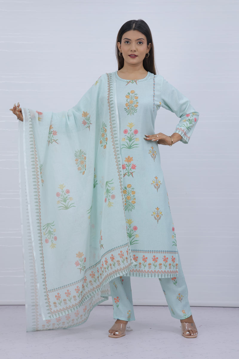 Svara Floral Sky Slub Cotton Suit