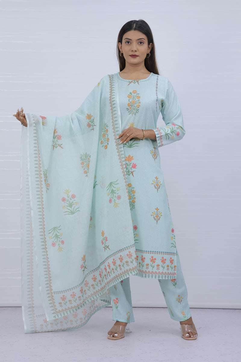 Svara Floral Sky Slub Cotton Suit