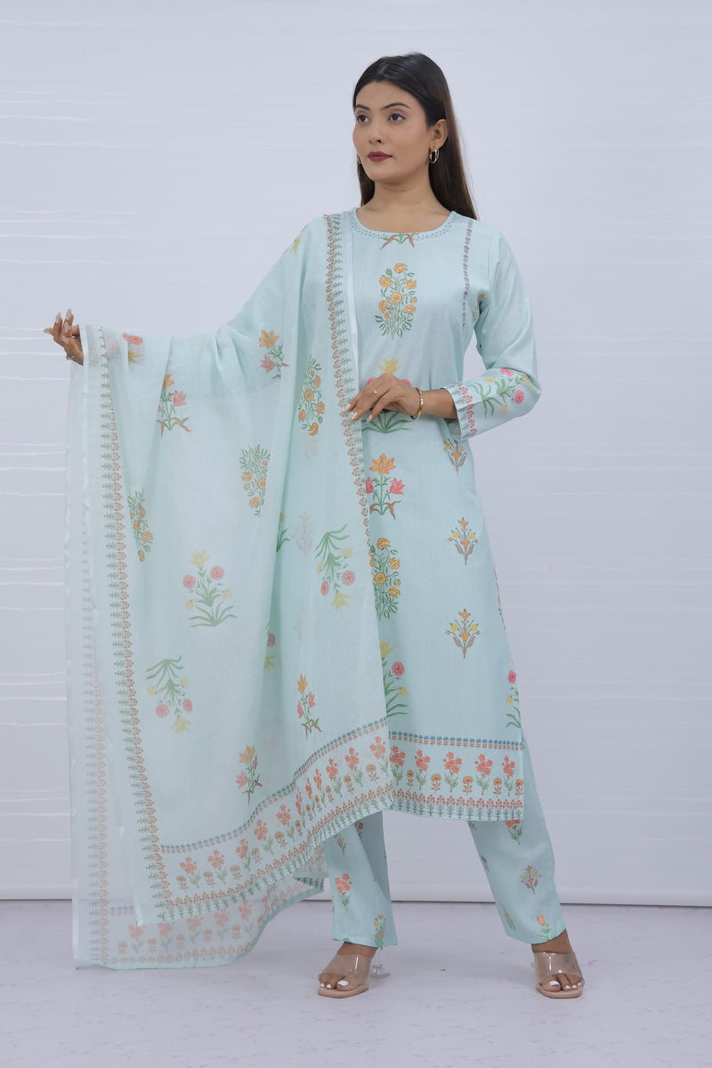 Svara Floral Sky Slub Cotton Suit