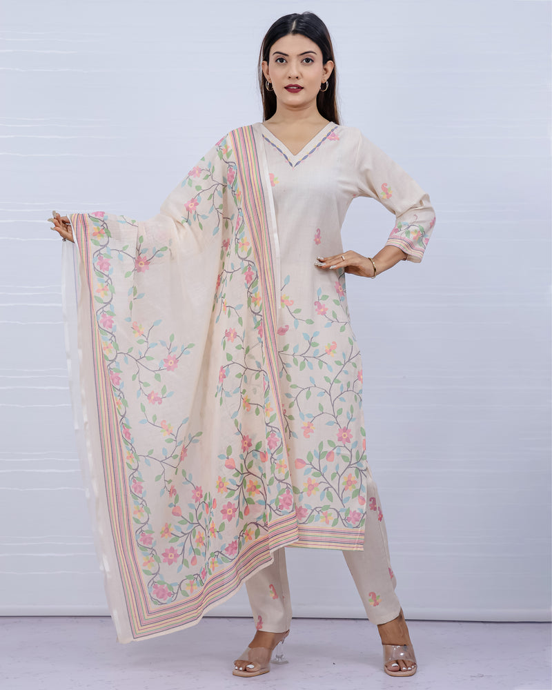 Svara Floral Cream Slub Cotton Suit