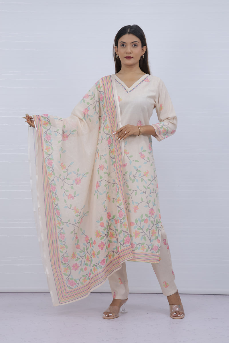 Svara Floral Cream Slub Cotton Suit