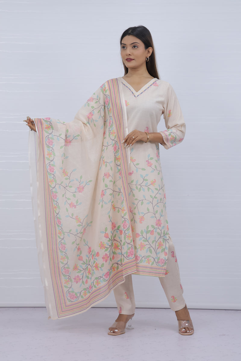 Svara Floral Cream Slub Cotton Suit