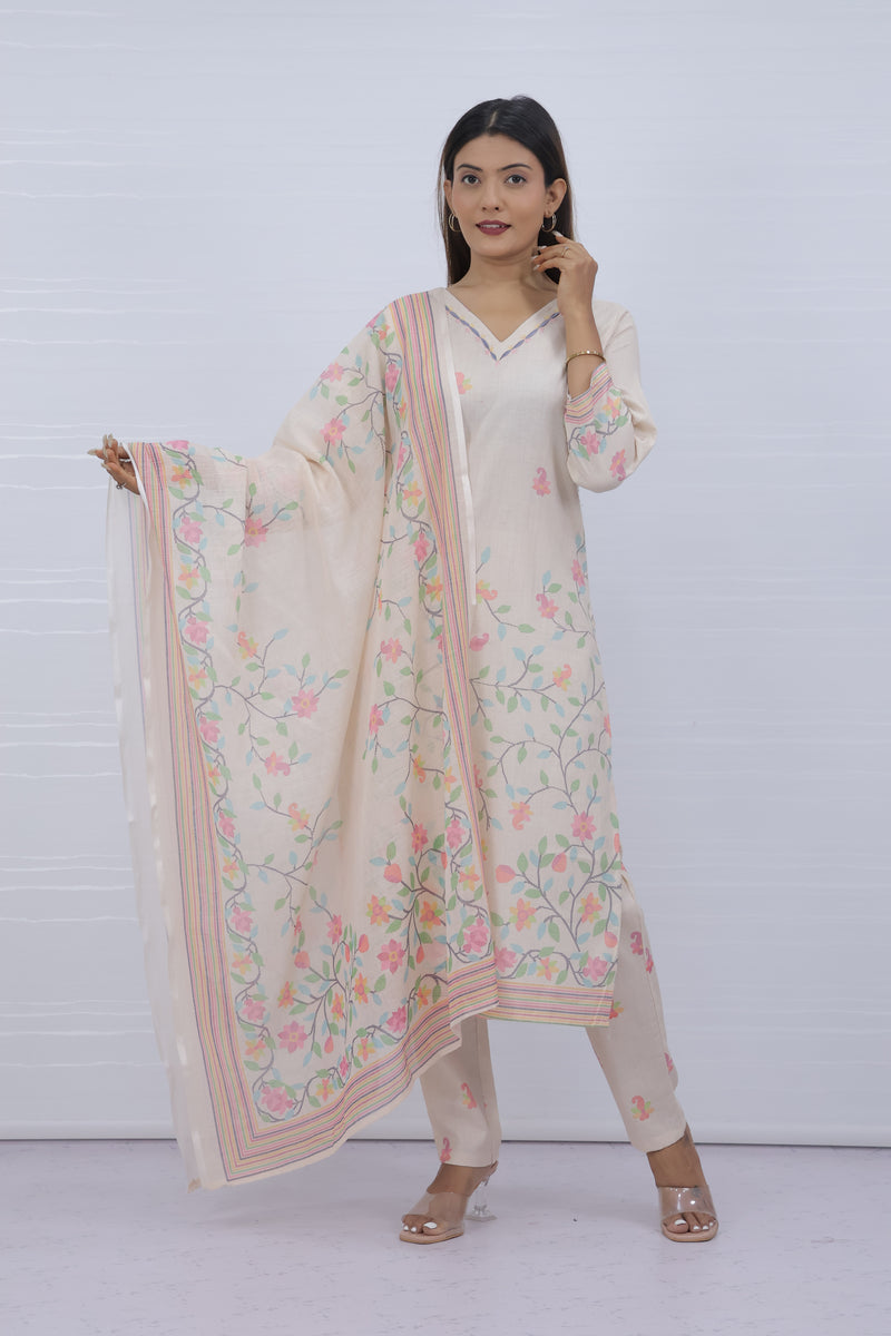 Svara Floral Cream Slub Cotton Suit