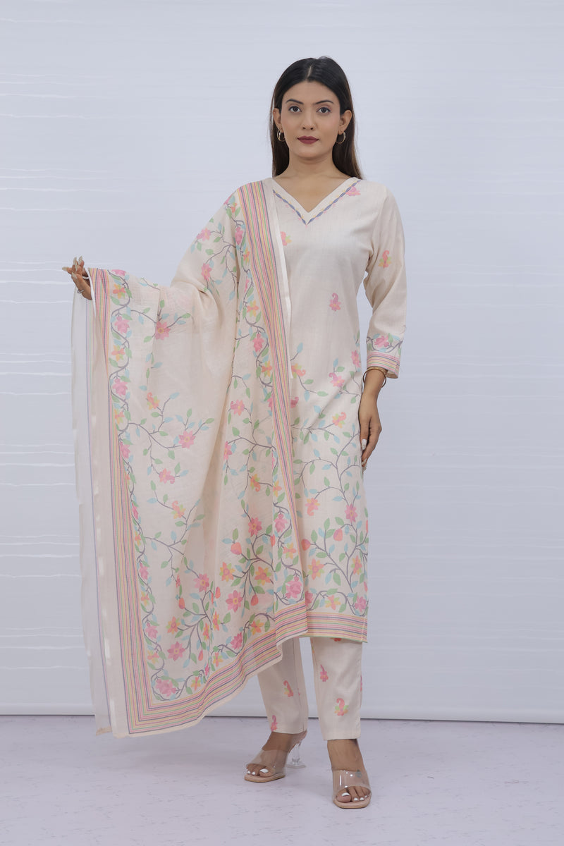 Svara Floral Cream Slub Cotton Suit