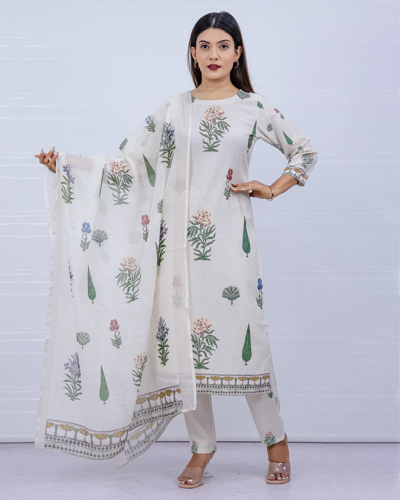Svara Floral White Slub Cotton Suit