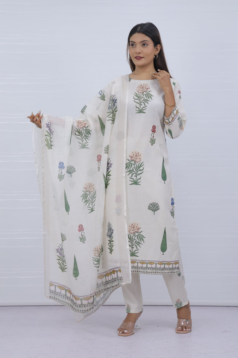 Svara Floral White Slub Cotton Suit