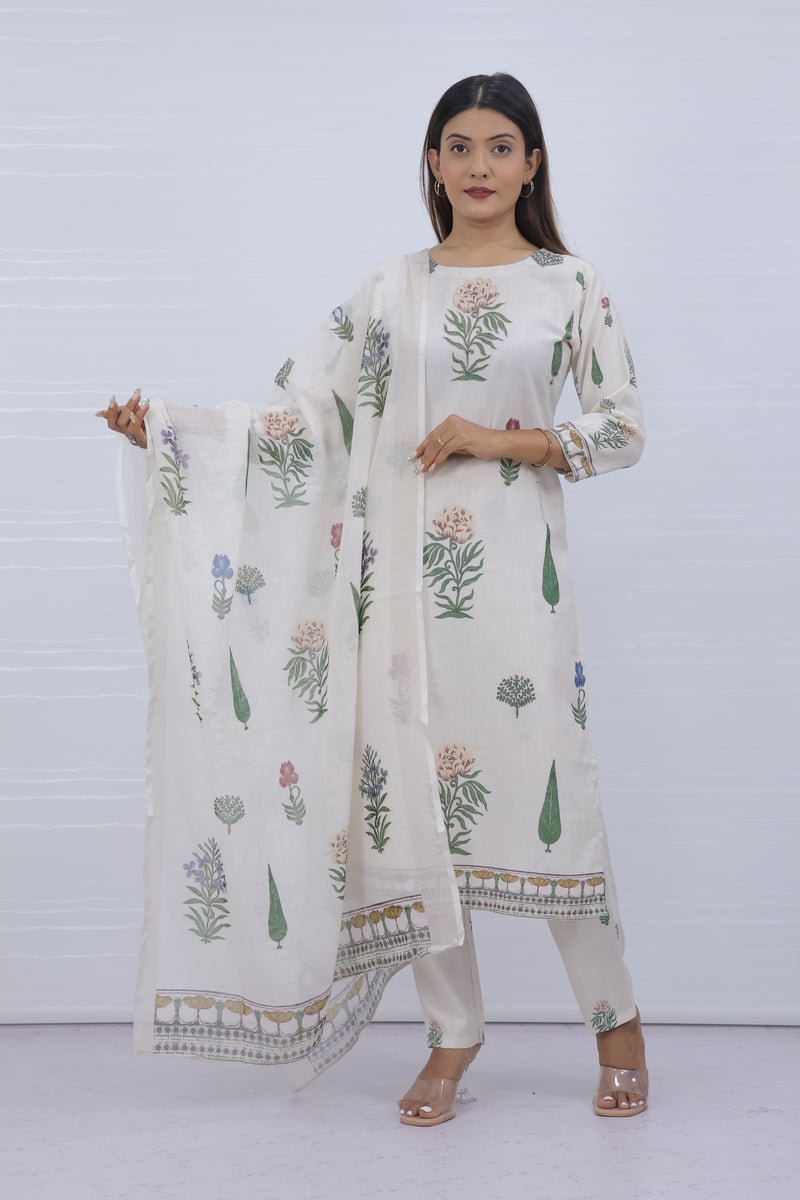 Svara Floral White Slub Cotton Suit