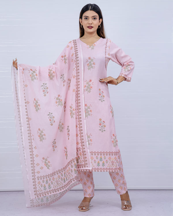 Svara Floral Pink Slub Cotton Suit