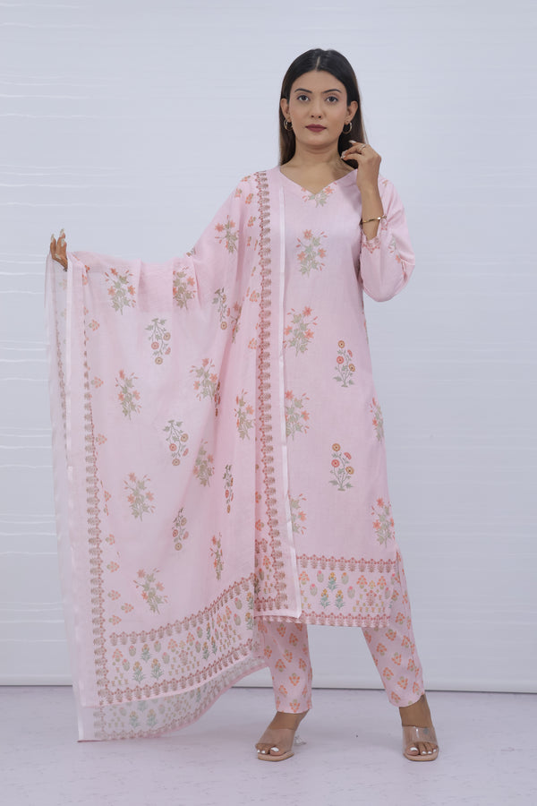 Svara Floral Pink Slub Cotton Suit