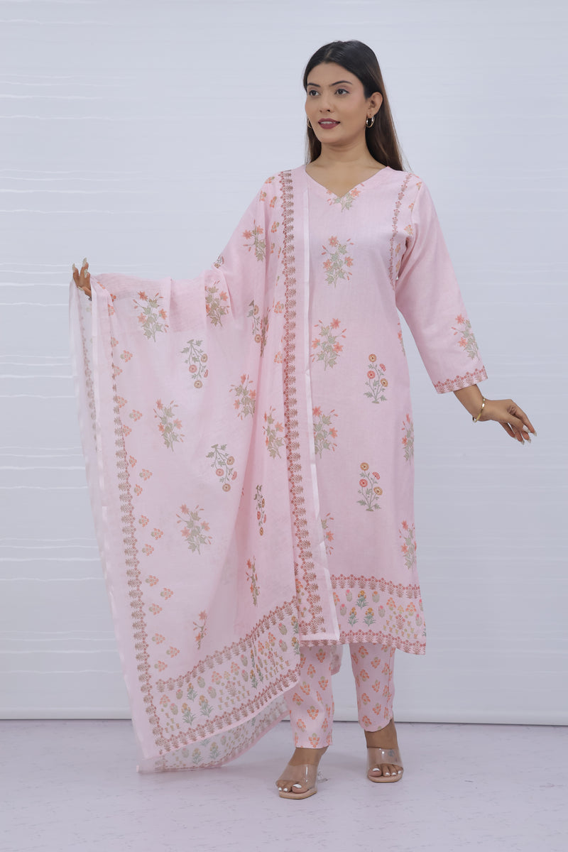 Svara Floral Pink Slub Cotton Suit