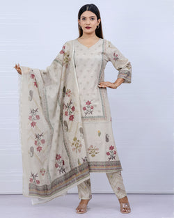 Women Off-white Floral Slub Cotton Suit