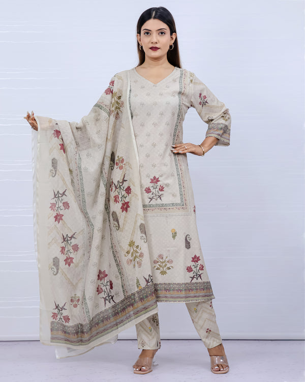 Women Off-white Floral Slub Cotton Suit