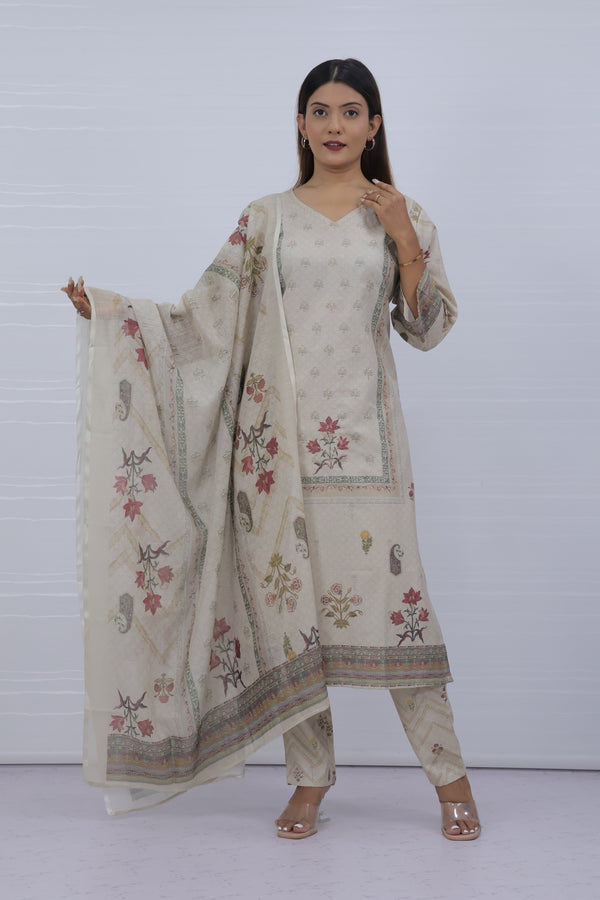 Women Off-white Floral Slub Cotton Suit