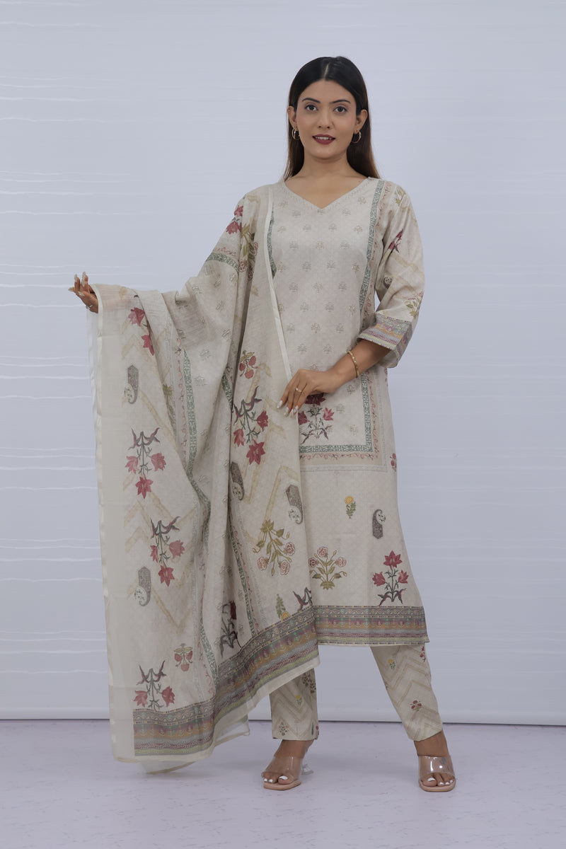 Women Off-white Floral Slub Cotton Suit