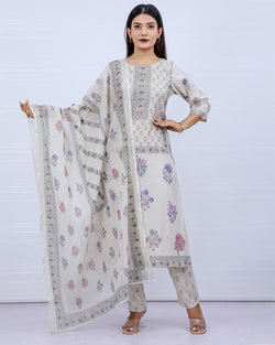 Women White Floral Slub Cotton Suit