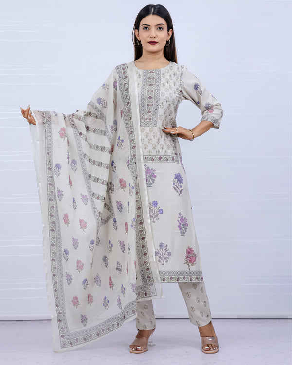 Women White Floral Slub Cotton Suit