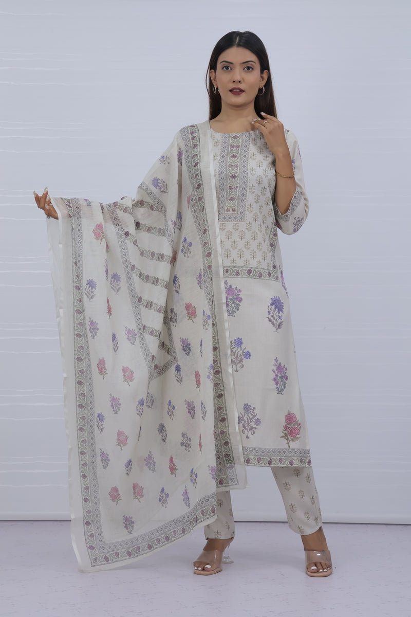 Women White Floral Slub Cotton Suit