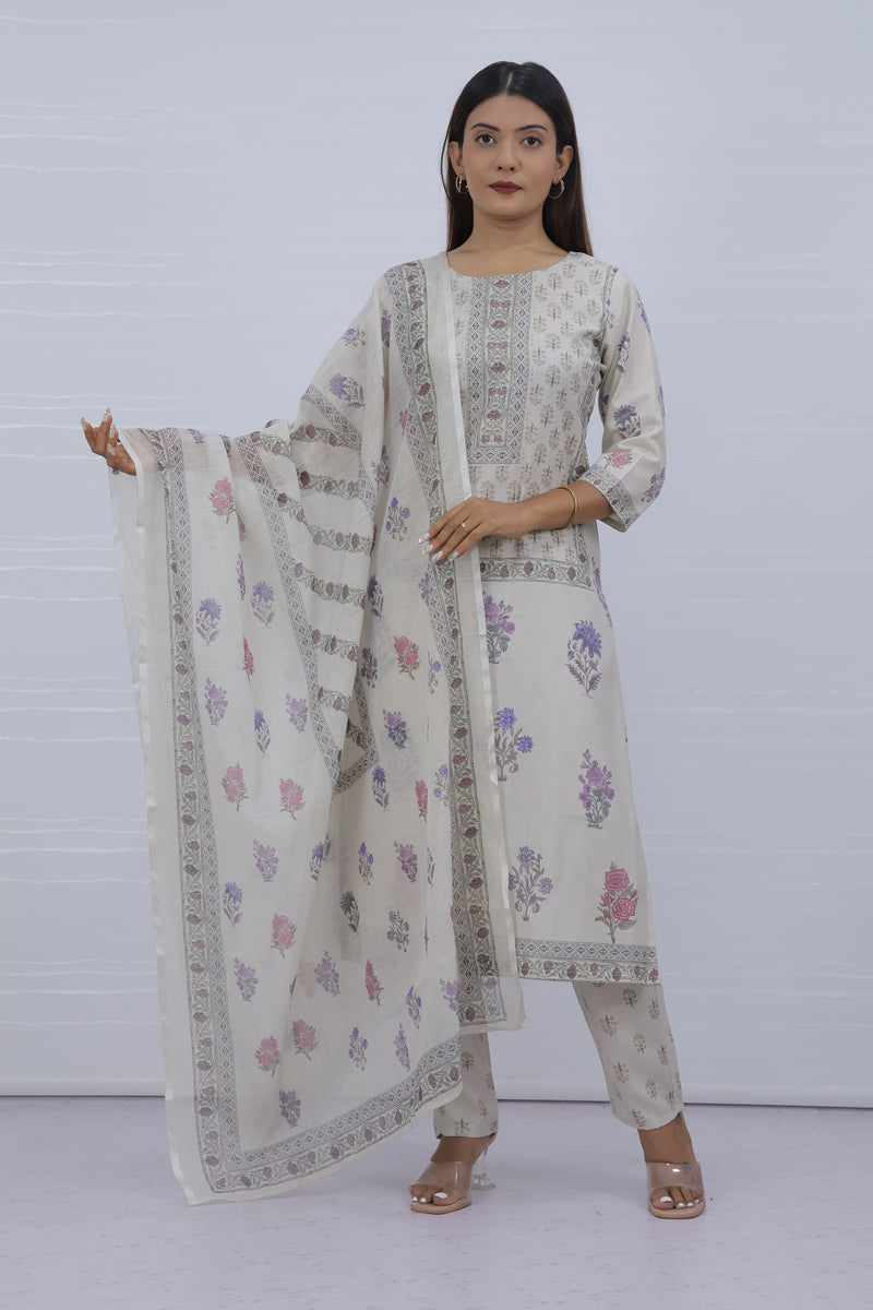 Women White Floral Slub Cotton Suit