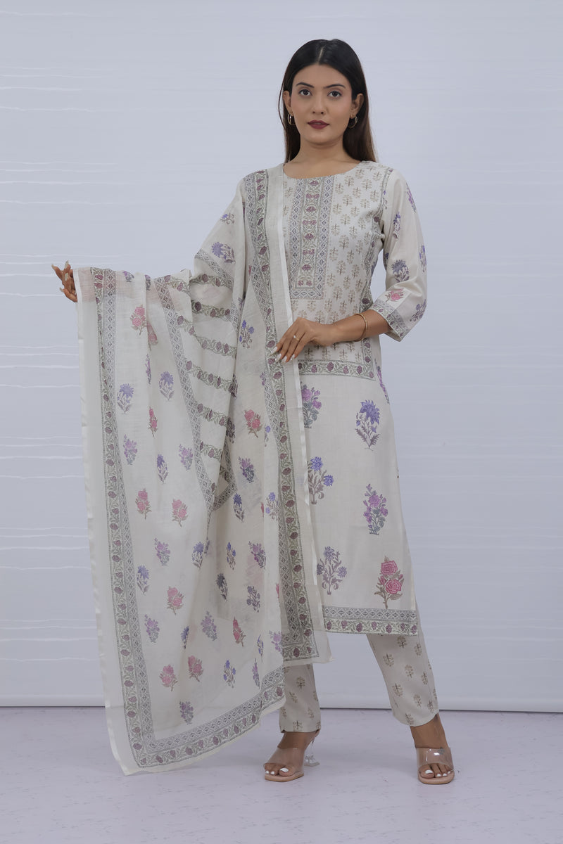 Women White Floral Slub Cotton Suit