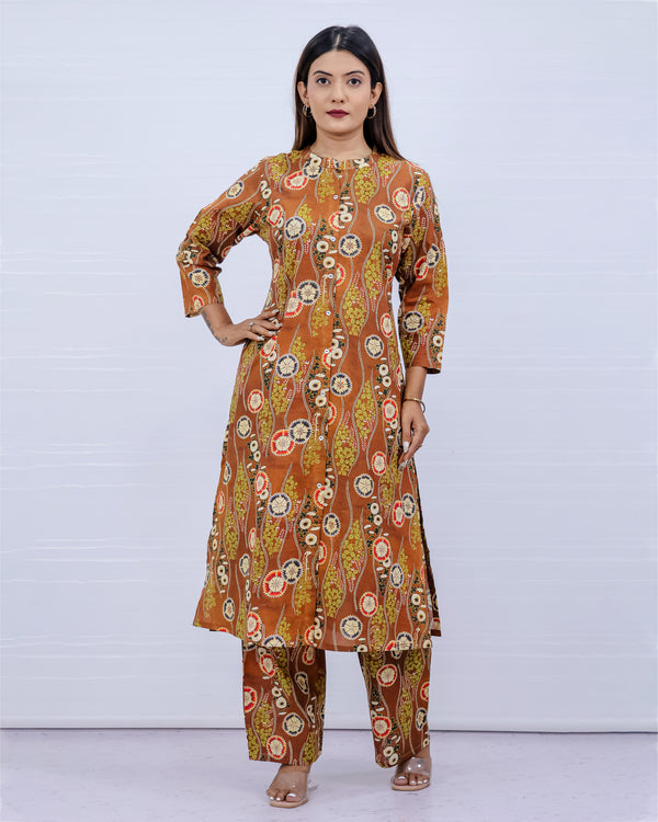 Aisha Brown Cotton Kurti Plazo