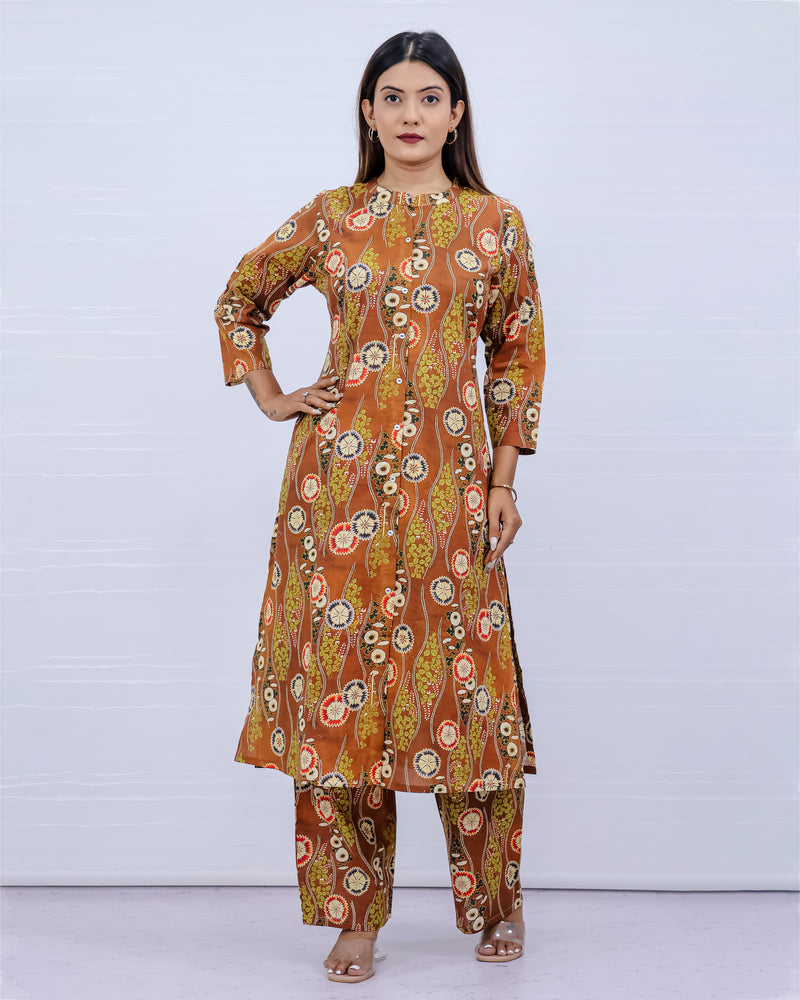 Aisha Brown Cotton Kurti Plazo