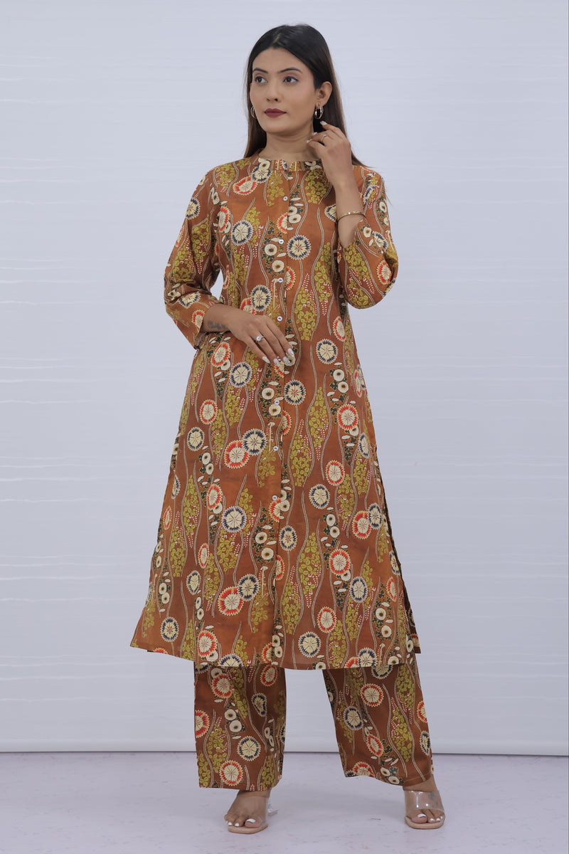 Aisha Brown Cotton Kurti Plazo