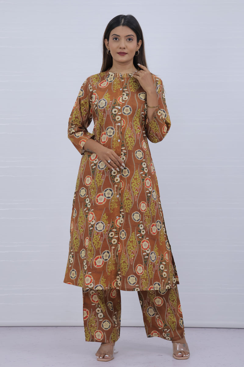 Aisha Brown Cotton Kurti Plazo