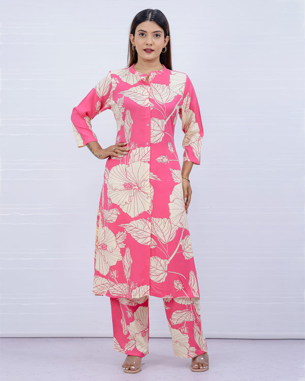 Women Pink Floral Print Kurti Plazo