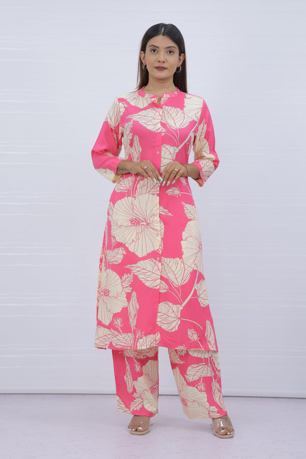 Women Pink Floral Print Kurti Plazo