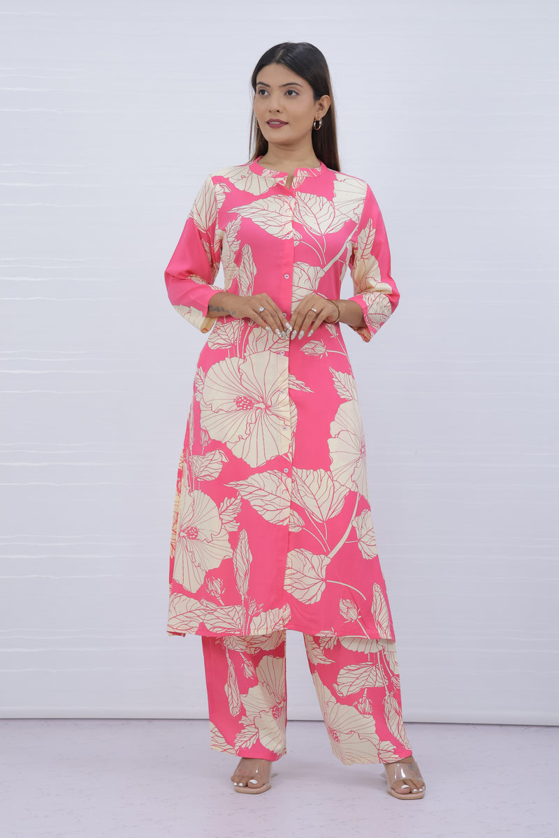 Women Pink Floral Print Kurti Plazo