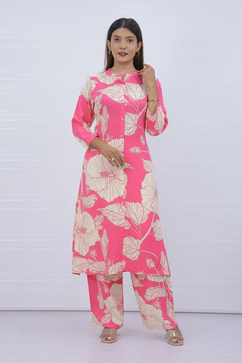 Women Pink Floral Print Kurti Plazo