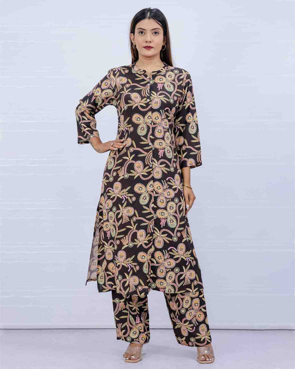 Women Brown Floral Print Kurti Plazo