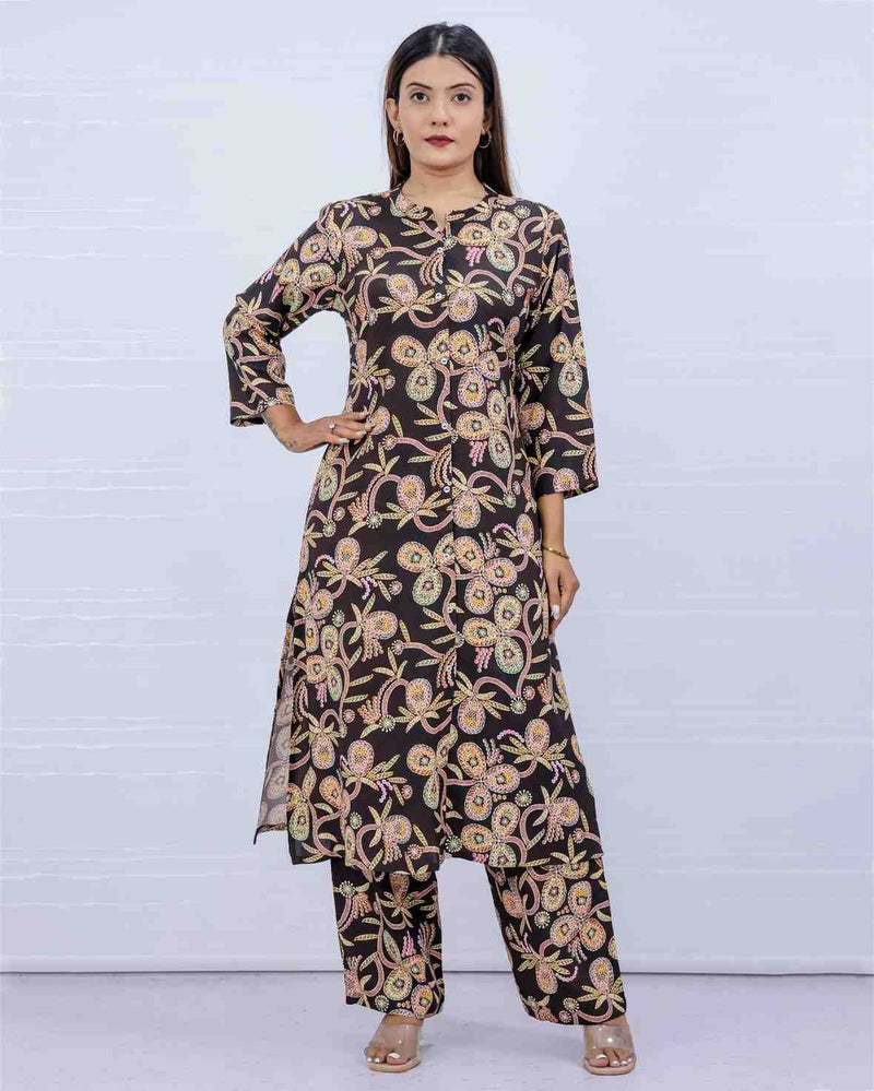 Women Brown Floral Print Kurti Plazo