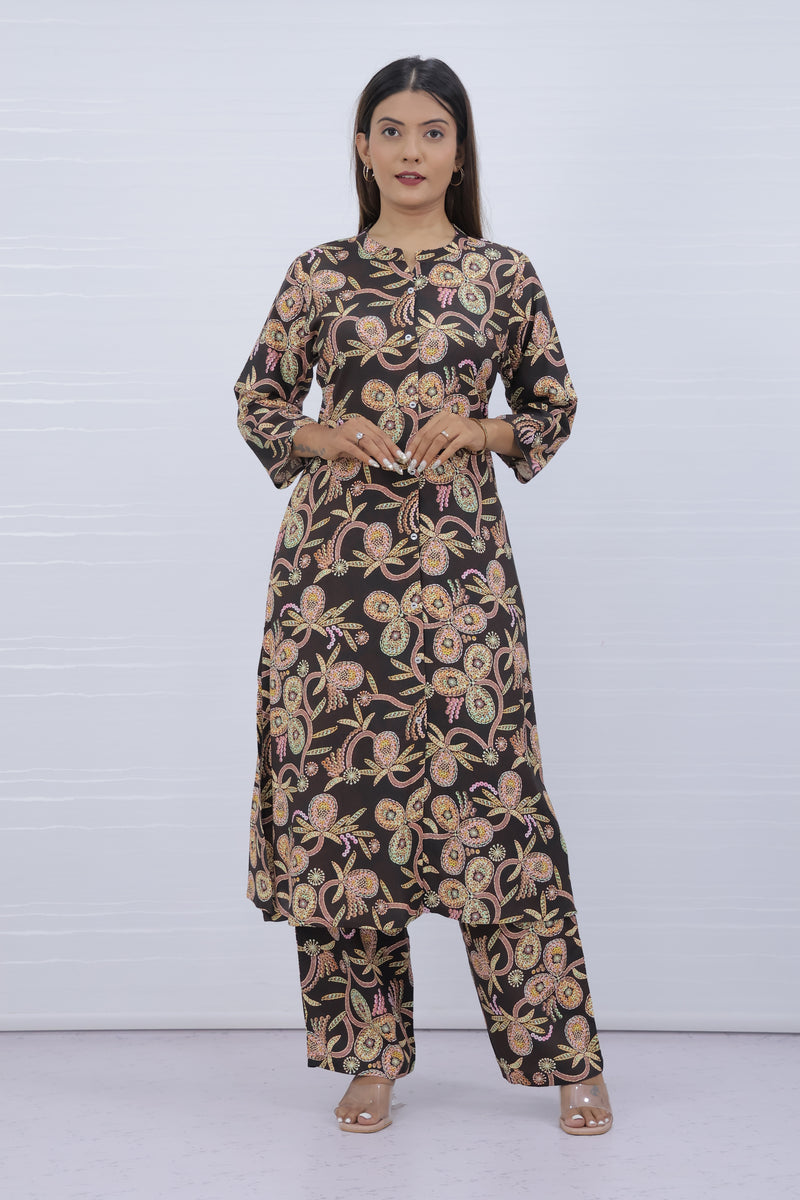 Women Brown Floral Print Kurti Plazo