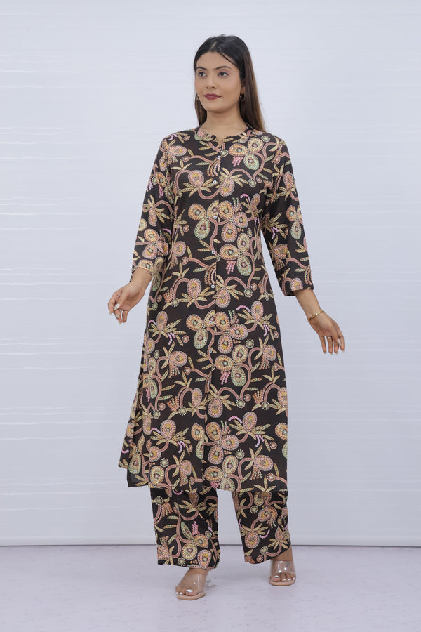 Women Brown Floral Print Kurti Plazo